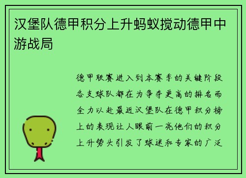 汉堡队德甲积分上升蚂蚁搅动德甲中游战局